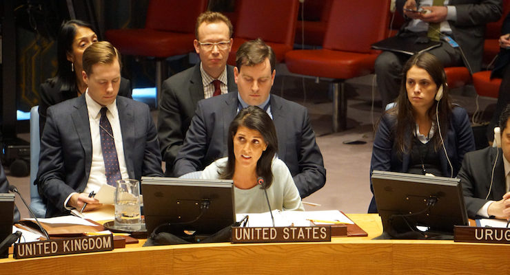 Ambassador Nikki Haley, the U.S. Permanent Representative to the United Nations (UN), at a meeting on the situation in Syria.