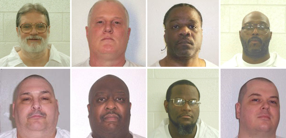 Inmates Bruce Ward(top row L to R), Don Davis, Ledell Lee, Stacy Johnson, Jack Jones (bottom row L to R), Marcel Williams, Kenneth Williams and Jason Mcgehee are shown in these booking photo provided March 21, 2017. (Photo: Reuters)