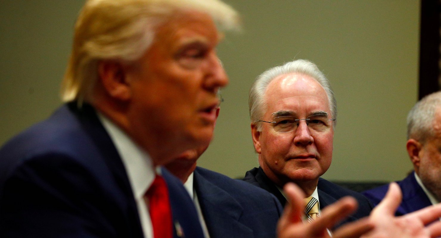 Health and Human Services Secretary Tom Price with President Donald Trump at a meeting with health insurance company CEOs at the White House on February 27, 2017. (Photo: Reuters)