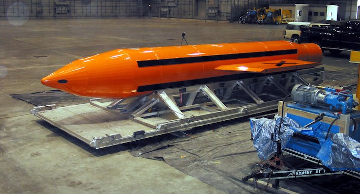A Massive Ordnance Air Blast (MOAB), aka the "Mother of All Bombs," being prepared for testing at the Eglin Air Force Armament Center in 2003. (Photo: Courtesy of the Department of Defense/DoD)