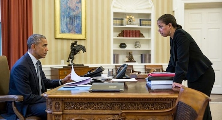 President Barack Obama talks with National Security Advisor Susan E. Rice in the Oval Office prior to a phone call with President Vladimir Putin of Russia, Feb. 10, 2015. (Photo: White House/Pete Souza)