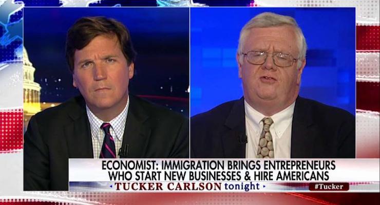 April 13, 2017: Tucker Carlson interviews and takes on economist Ray Keating, who argues Americans have nothing to fear from immigrants. (Photo: Fox News)