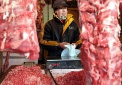 In this Jan. 22, 2003 file photo, a Chinese shopkeeper stands behind a row of beef products at an open air market in Beijing, China. China will finally open its borders to U.S. beef while cooked Chinese poultry is closer to hitting the American market as part of a U.S.-China trade agreement. Trump administration officials hailed the deal as a significant step in their efforts to boost U.S. exports and even America's trade gap with the world's second-largest economy. (Photo: AP)