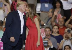 President Donald J. Trump with his wife, First Lady Melania Trump, take the stage during a campaign-style 