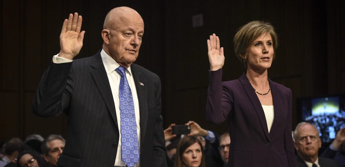 Former acting Attorney General Sally Yates and former Director of National Intelligence James Clapper are sworn in before the Senate Judiciary Committee on Capitol Hill in Washington, D.C., on May 8. (Photo: Reuters)