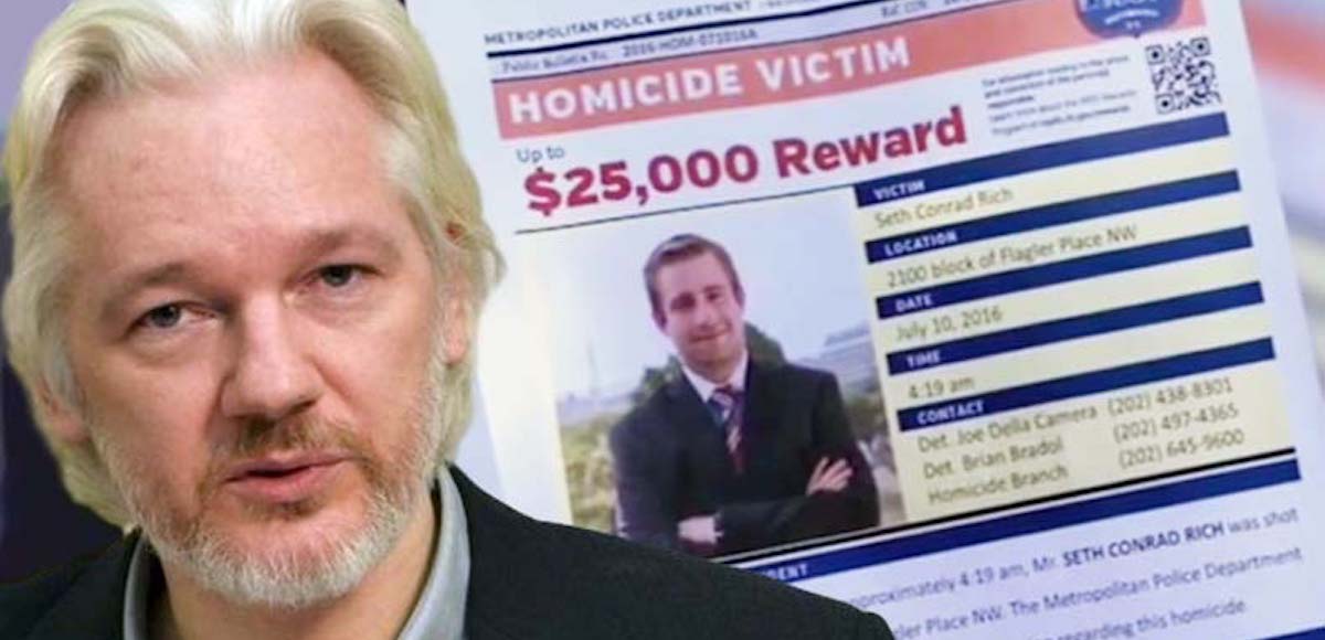 WikiLeaks editor Julian Assange, left, and a flyer with slain DNC staffer Seth Rich, right.