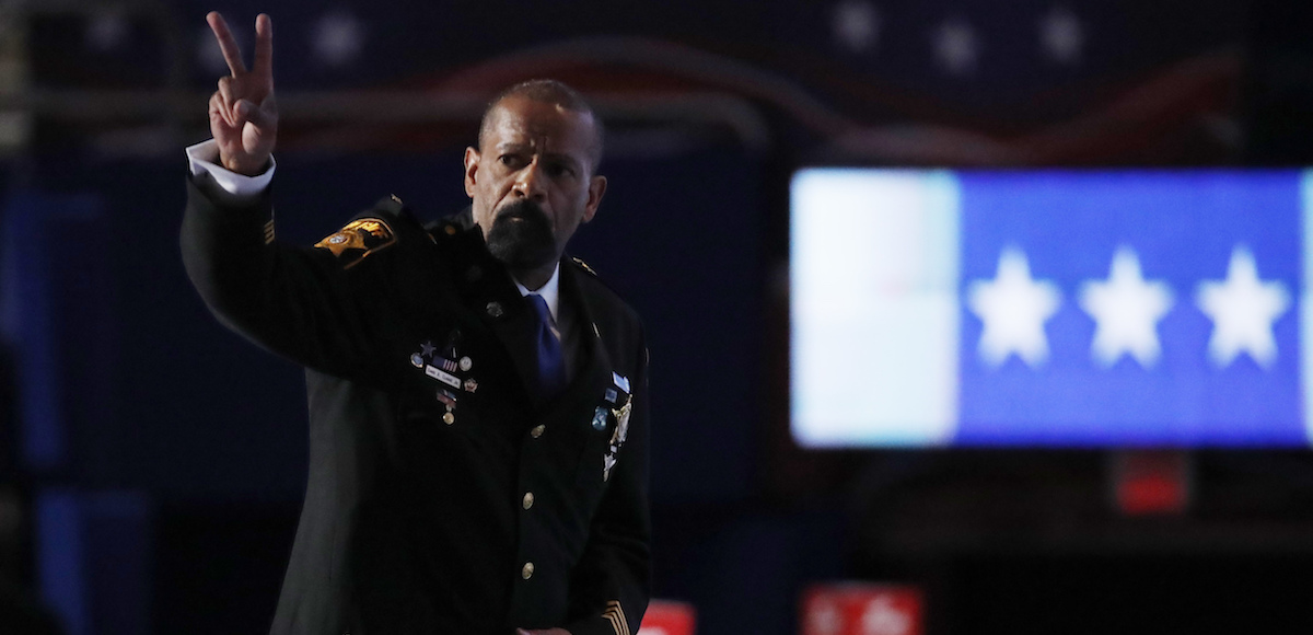 Milwaukee County Sheriff David Clarke flashes a peace sign at the Republican National Convention in Cleveland, Ohio. (Photo: Reuters)