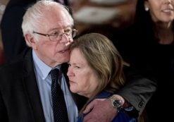 Sen. Bernie Sanders, I-Vt., hugs his wife Jane O’Meara Sanders, during the inaugural luncheon in honor of President Donald Trump at the Statuary Hall in the Capitol, Friday, Jan. 20, 2017, in Washington. (Photo: AP)