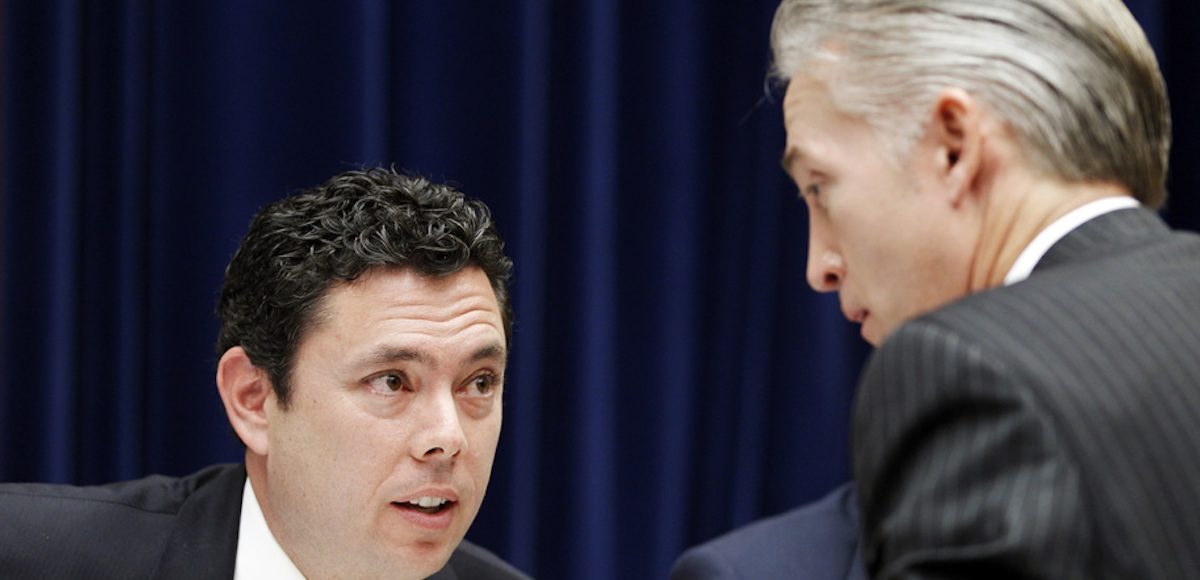 Rep. Jason Chaffetz, R-Ut., left, speaks with Rep. Trey Gowdy, R-S.C., right, during a House Oversight Committee hearing on Capitol Hill, Washington D.C. October 10, 2012. (Photo: Reuters)