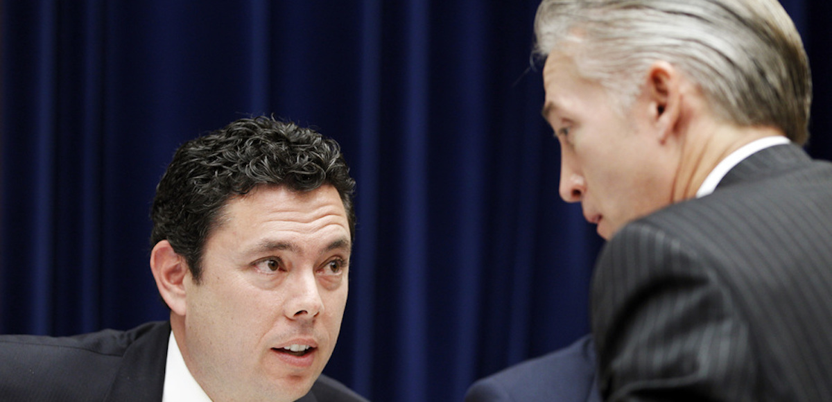 Rep. Jason Chaffetz, R-Ut., left, speaks with Rep. Trey Gowdy, R-S.C., right, during a House Oversight Committee hearing on Capitol Hill, Washington D.C. October 10, 2012. (Photo: Reuters)