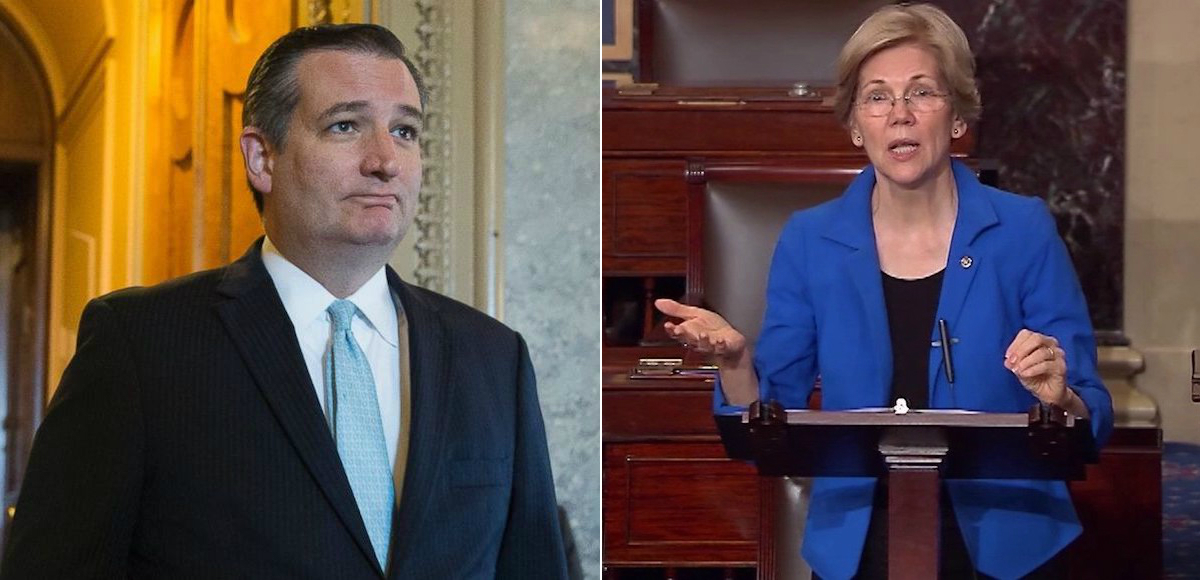 Sens. Ted Cruz, left, R-Texas., and Elizabeth Warren, right, D-Mass., react to the Senate health care bill. (Photos: AP/SS)