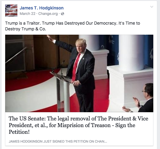 James Hodgkinson Facebook post pushing his Change.org petition.
