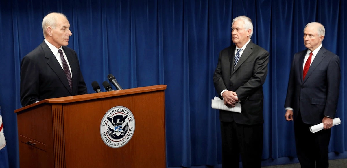 Homeland Security Secretary John Kelly, left, Secretary of State Rex Tillerson, and Attorney General Jeff Sessions outline President Trump's revised executive order restricting travel from terrorism-plagued countries. (Photo: Reuters)