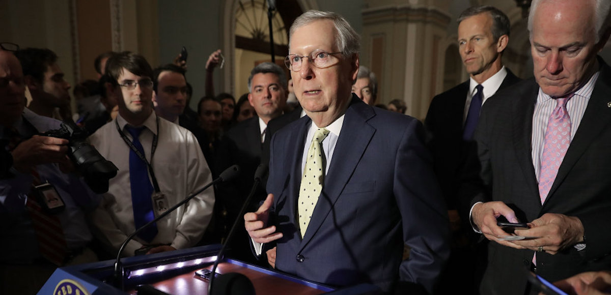 WASHINGTON, DC - JUNE 20: U.S. Senate Majority Leader Mitch McConnell (R-KY) (C) approaches the microphones before talking with reporters with Sen. Cory Gardner (R-CO) (L), Sen. John Thune (R-SD) and Senate Majority Whip John Cornyn (R-TX) (R) following the weekly GOP policy luncheon at the U.S. Capitol June 20, 2017 in Washington, DC. (Photo: Reuters)