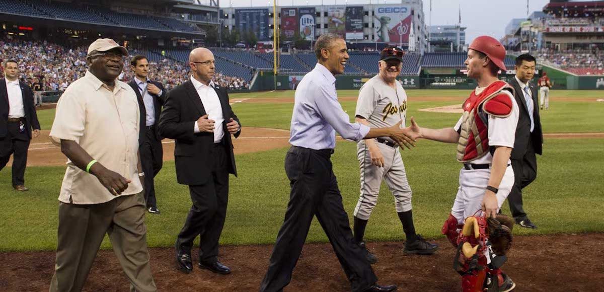 US President Barack Obama greets members of the Republican team during the annual Congressional Baseball Game between the Democrats and Republicans in Congress at Nationals Park in Washington, DC, June 11, 2015. (Photo: AP)