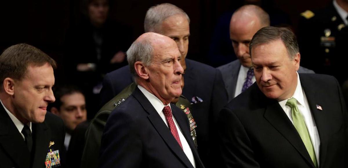 NSA Director Mike Rogers, left, Director of National Intelligence Daniel Coats, center, and CIA Director Mike Pompeo, right. (Photo: Reuters)
