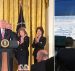 President Donald J. Trump, left, flanked by Transportation Secretary Elaine Chao (R) and Vice President Mike Pence (L). Air traffic controllers talk with pilots inside the control tower at Los Angeles International Airport. (Photos: White House/Reuters)