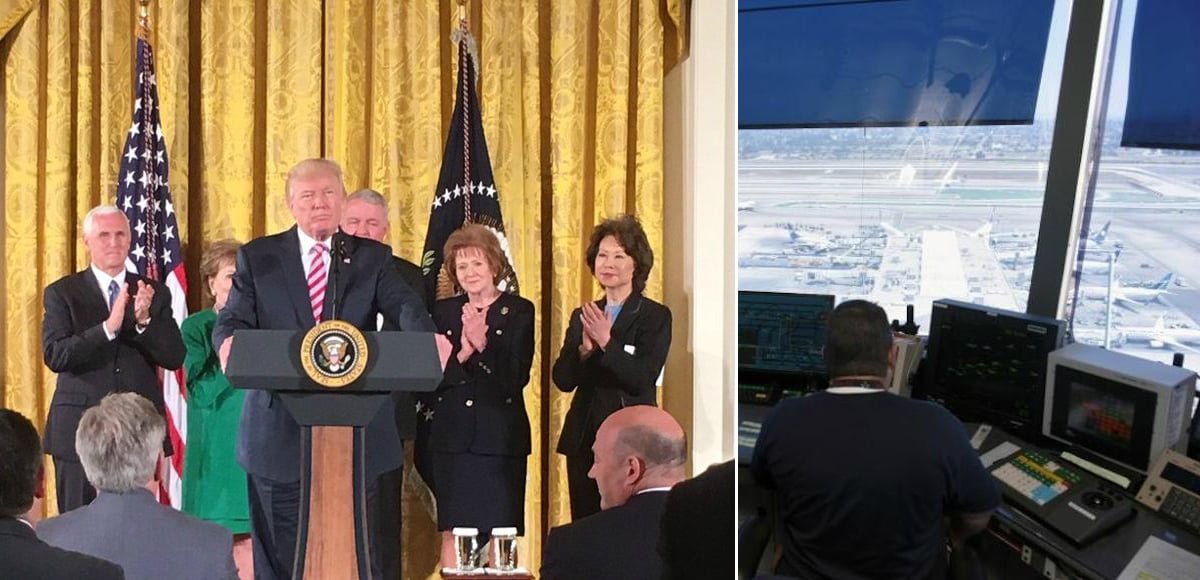 President Donald J. Trump, left, flanked by Transportation Secretary Elaine Chao (R) and Vice President Mike Pence (L). Air traffic controllers talk with pilots inside the control tower at Los Angeles International Airport. (Photos: White House/Reuters)