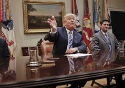 President Donald Trump, center, gestures during a meeting with House and Senate Leadership in the Roosevelt Room of the White House in Washington, Tuesday, June 6, 2017. With Trump are from left, Senate Majority Leader Mitch McConnell of Ky., House Speaker Paul Ryan of Wis., and Senate Majority Whip John Cornyn of Texas. (Photo: AP)