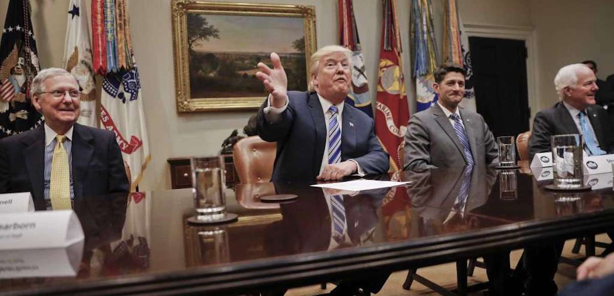 President Donald Trump, center, gestures during a meeting with House and Senate Leadership in the Roosevelt Room of the White House in Washington, Tuesday, June 6, 2017. With Trump are from left, Senate Majority Leader Mitch McConnell of Ky., House Speaker Paul Ryan of Wis., and Senate Majority Whip John Cornyn of Texas. (Photo: AP)