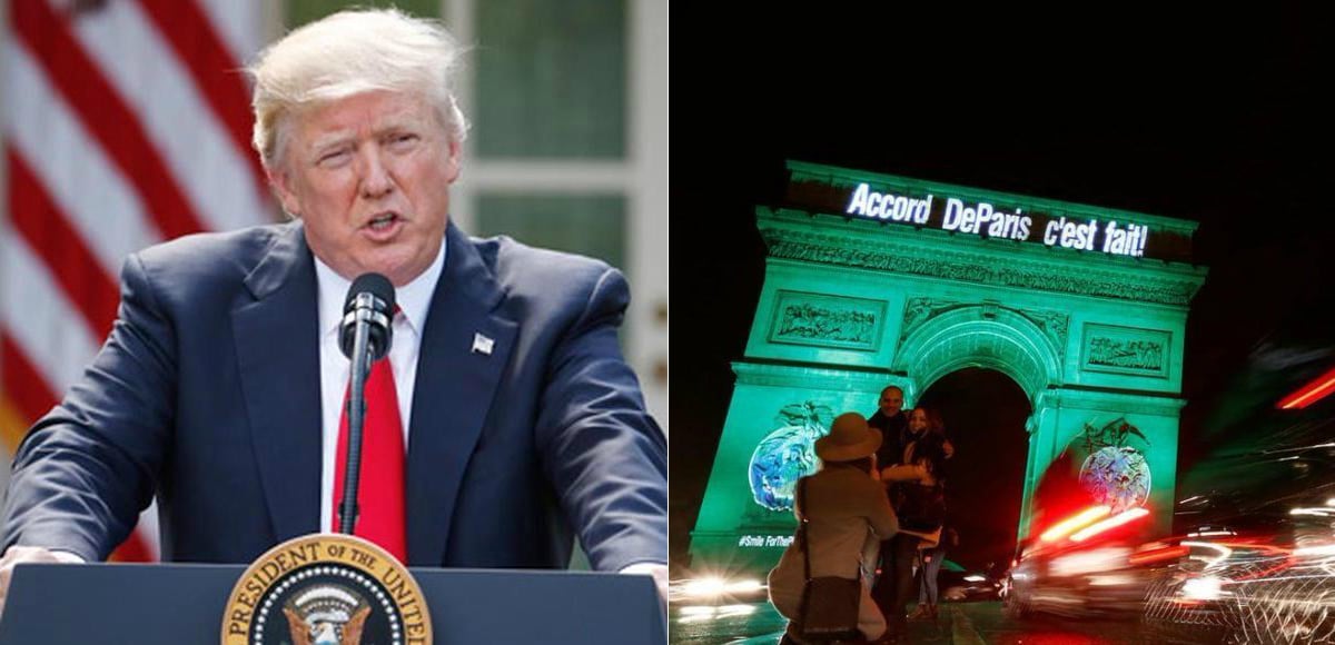Left: President Donald J. Trump announces his decision to pull out of the Paris Climate Accord, the Paris Agreement on June 1, 2017. Right: The illuminated Arc de Triomphe in Paris, France, on November 4, 2016. (Photos: PPD/Reuters)