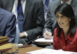 United States U.N. Ambassador Nikki Haley, right, speaks during United Nations Security Council meeting on North Korea's latest launch of an intercontinental ballistic missile, Wednesday July 5, 2017 at U.N. headquarters. (Photo: AP)