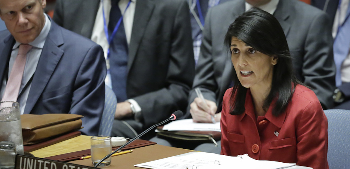 United States U.N. Ambassador Nikki Haley, right, speaks during United Nations Security Council meeting on North Korea's latest launch of an intercontinental ballistic missile, Wednesday July 5, 2017 at U.N. headquarters. (Photo: AP)