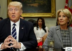 President Donald J. Trump and Education Secretary Betsy DeVos meet with parents and teachers at Saint Andrew Catholic School in Orlando, Florida, March 3, 2017. (Photo: Reuters)