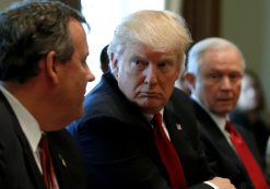 President Donald J. Trump, flanked by New Jersey Gov. Chris Christie and Attorney General Jeff Sessions, holds an opioid and drug abuse listening session at the White House in March 29, 2017. (Photo: Reuters)