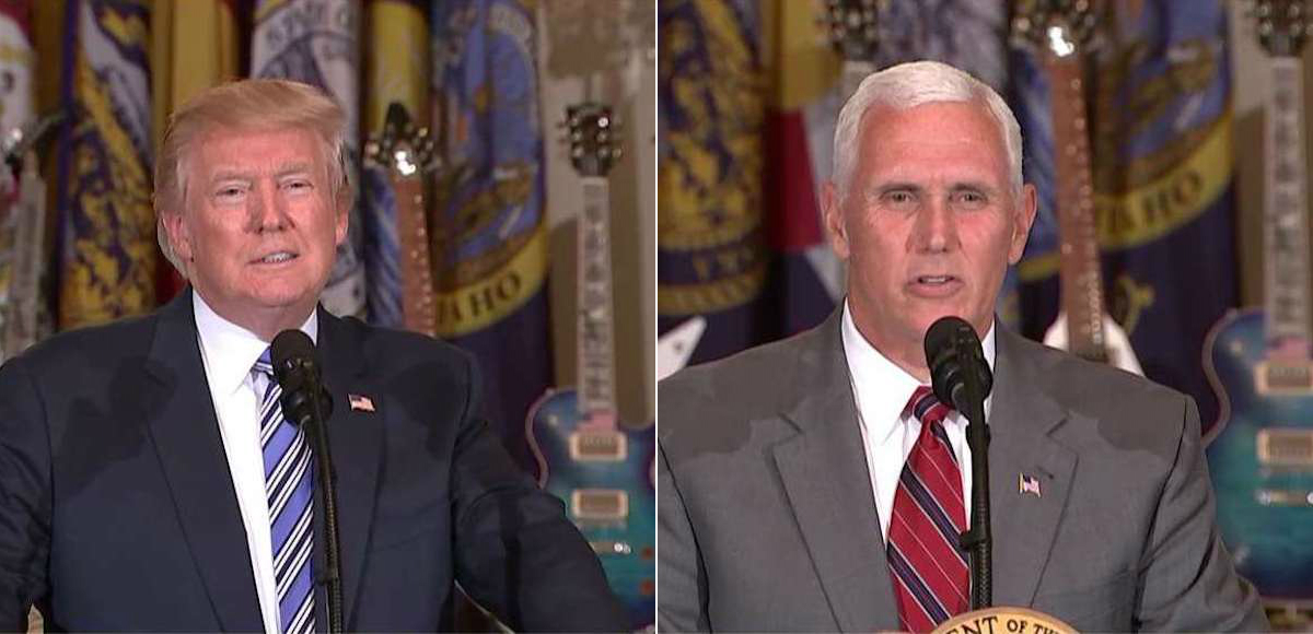 President Donald Trump, left, and Vice President Mike Pence, right, kick off Day 1 of Made in America Week at the White House on July 17, 2017.