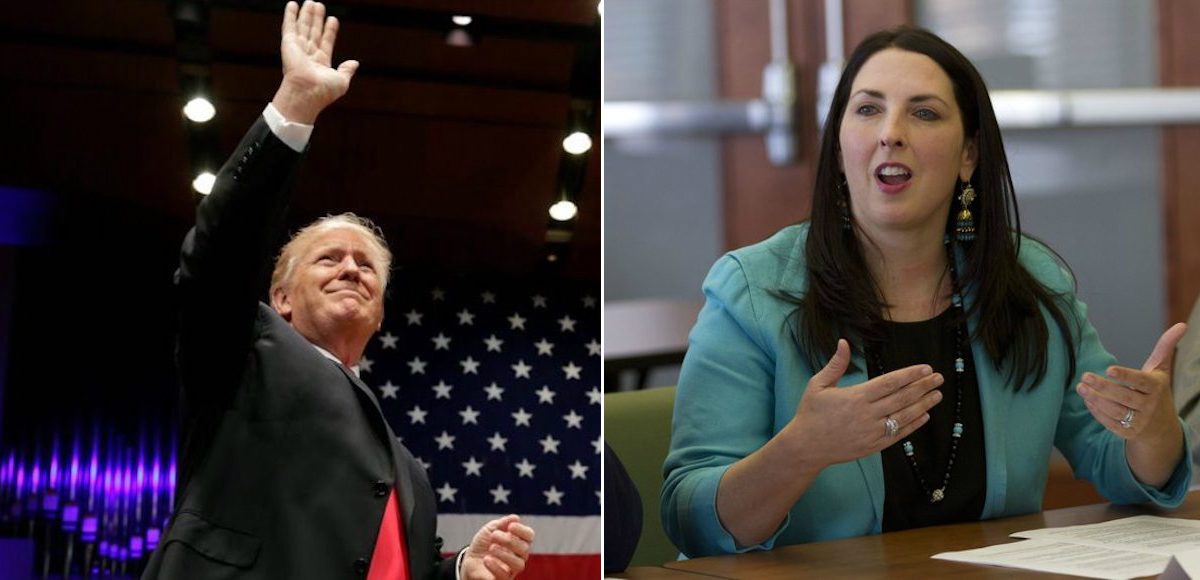 President Donald Trump, left, waves at the Celebrate Freedom Rally in Washington, U.S. July 1, 2017. Republican National Committee Chairwoman Ronna Romney McDaniel, right, addresses Hispanic business owners and community members at the Lansing Regional Chamber of Commerce in Lansing, Mich., Friday, May 5, 2017. (Photos: Reuters/AP)