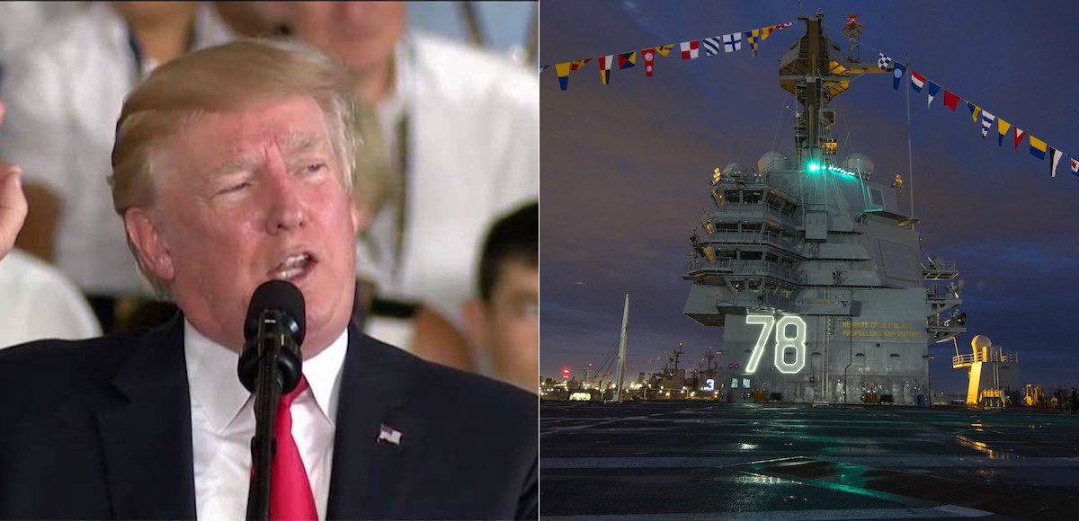 President Donald J. Trump, left, delivers his address before commissioning the USS Gerald R Ford, right, in Virginia on July 22, 2017.