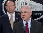 Attorney General Jeff Sessions, center, and Deputy Attorney General Rod Rosenstein, to his right, hold a press conference announcing the dismantling of the largest dark website in the world on July 20, 2017. (Photo: AP)