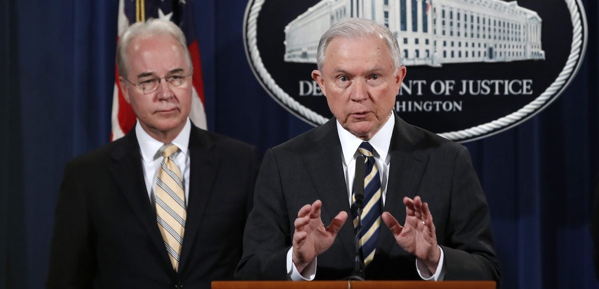 Attorney General Jeff Sessions, with Health and Human Services Secretary Tom Price, left, speaks about opioid addiction during a news conference, Thursday, July 13, 2017, at the Department of Justice in Washington. (Photo: AP)