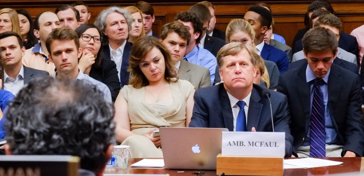 Natalia Veselnitskaya sitting with Barack Obama’s Ambassador to Russia Michael McFaul during a congressional hearing on Russia and Ukraine on June 14, 2016.