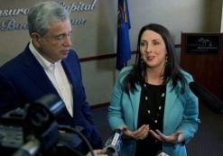 Michigan Republican Party Chairman Ron Weiser and Republican National Committee Chairwoman Ronna Romney McDaniel address the media at the Lansing Regional Chamber of Commerce in Lansing, Mich., Friday, May 5, 2017. McDaniel met with Michigan Hispanic business owners and community members. (Photo: AP)