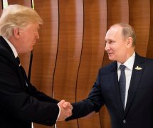 U.S. President Donald Trump and Russian President Vladimir Putin shake hands during the G20 Summit in Hamburg, Germany in this still image taken from video, July 7, 2017. (Courtesy of Handout)