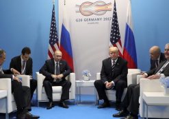 U.S. President Donald Trump (third from right) and Secretary of State Rex Tillerson (right) meet with Russian President Vladimir Putin (third from left) and Foreign Minister Sergey Lavrov (left) at the G20 summit in Hamburg, Germany on July 7. (Photo: Kremlin via Reuters)