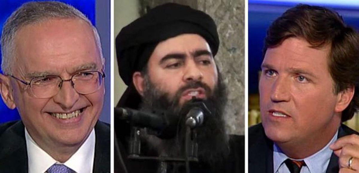 Tucker Carlson, right, and Lt. Col. Ralph Peters, left, debate U.S.-Russian relations, cooperation in Syria and the death of Abu Bakr al-Baghdadi, center. (Photos: Fox News)