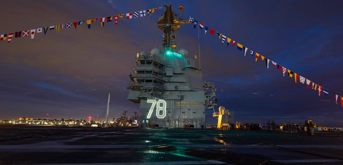 NEWPORT NEWS (July 4, 2017) The Pre-Commissioning Unit Gerald R. Ford (CVN 78) displays “up and over” flags in observance of Independence Day. Ford is making preparations for commissioning July 22. (U.S. Navy photo by Mass Communication Specialist 2nd Class Ryan Litzenberger/Released)