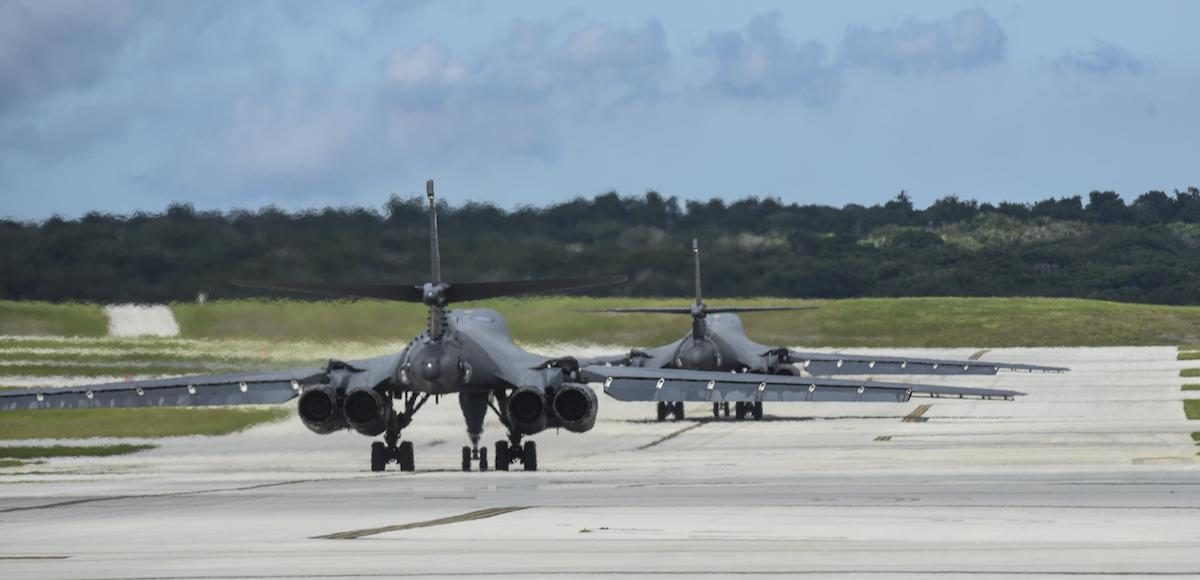 Two U.S. Air Force B-1B Lancers assigned to the 37th Expeditionary Bomb Squadron, deployed from Ellsworth Air Force Base, South Dakota, prepare to take off from Andersen Air Force Base, Guam, for a 10-hour mission, flying in the vicinity of Kyushu, Japan, the East China Sea, and the Korean peninsula, Aug. 7, 2017 (HST). During the mission, the B-1s were joined by Japan Air Self-Defense Force F-2s as well as Republic of Korea Air Force KF-16 fighter jets, performing two sequential bilateral missions. These flights with Japan and the Republic of Korea (ROK) demonstrate solidarity between Japan, ROK and the U.S. to defend against provocative and destabilizing actions in the Pacific theater. (Photo: Courtesy of the U.S. Air Force photo/Tech. Sgt. Richard P. Ebensberger)