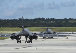 Two U.S. Air Force B-1B Lancers assigned to the 37th Expeditionary Bomb Squadron, deployed from Ellsworth Air Force Base, South Dakota, prepare to take off from Andersen Air Force Base, Guam, for a 10-hour mission, flying in the vicinity of Kyushu, Japan, the East China Sea, and the Korean peninsula, Aug. 7, 2017 (HST). During the mission, the B-1s were joined by Japan Air Self-Defense Force F-2s as well as Republic of Korea Air Force KF-16 fighter jets, performing two sequential bilateral missions. These flights with Japan and the Republic of Korea (ROK) demonstrate solidarity between Japan, ROK and the U.S. to defend against provocative and destabilizing actions in the Pacific theater. (Photo: Courtesy of the U.S. Air Force photo/Tech. Sgt. Richard P. Ebensberger)