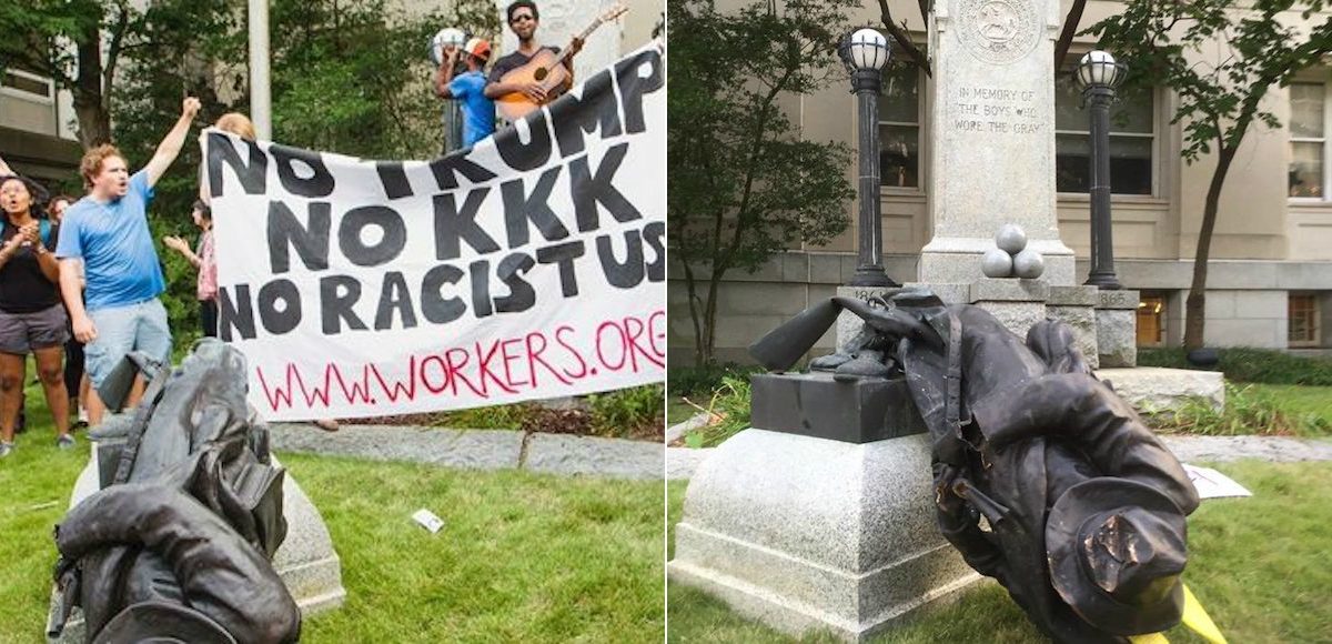 Protesters celebrate after toppling a statue of a Confederate monument in Durham, N.C. Monday, Aug. 14, 2017. (Photos: AP)