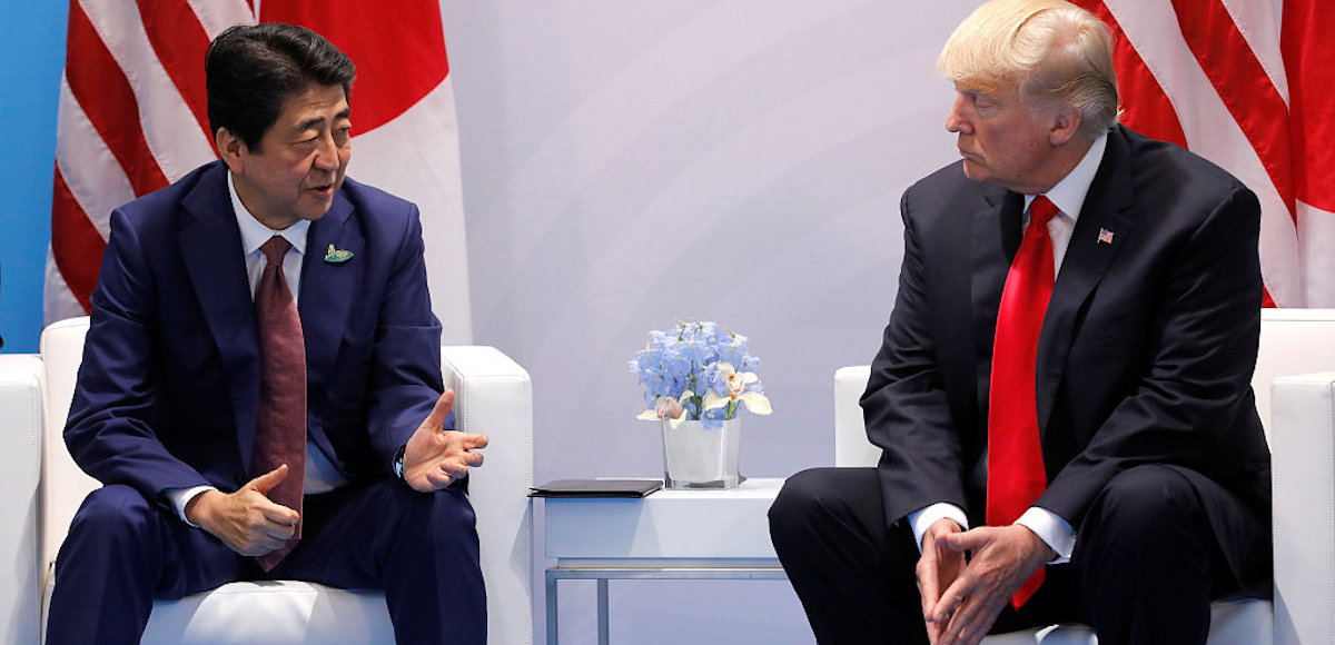 Japanese Prime Minister Shinzō Abe shakes hands with U.S. President Donald Trump during the bilateral meeting at the G20 leaders summit in Hamburg, Germany July 8, 2017. (Photo: Reuters)