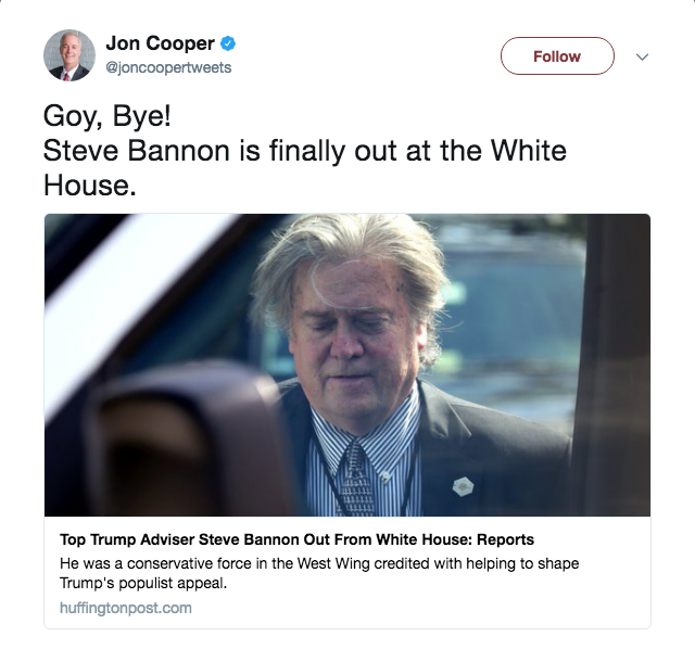 Jon Cooper Tweet Goy Bye Steve Bannon