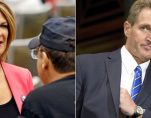Dr. Kelli Ward, left, a former Arizona Republican state senator, speaks with a supporter of President Donald J. Trump on August 2, 2016, while Sen. Jeff Flake, R-Ariz., right, attends a meeting on Capitol Hill in Washington on March 9, 2016. (Photos: AP)