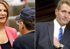 Dr. Kelli Ward, left, a former Arizona Republican state senator, speaks with a supporter of President Donald J. Trump on August 2, 2016, while Sen. Jeff Flake, R-Ariz., right, attends a meeting on Capitol Hill in Washington on March 9, 2016. (Photos: AP)