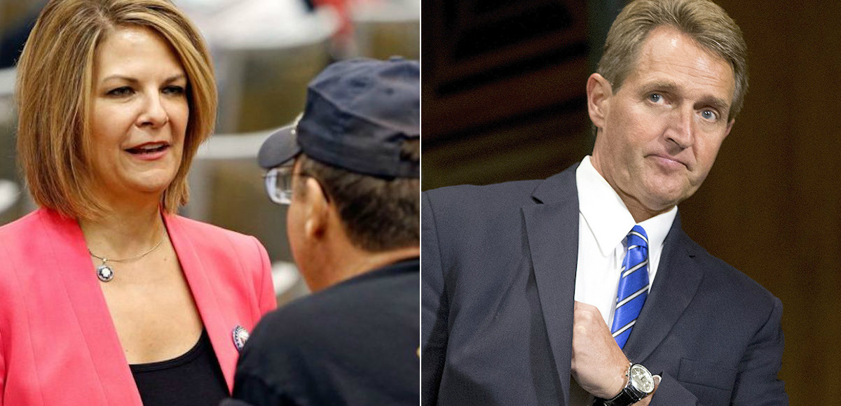 Dr. Kelli Ward, left, a former Arizona Republican state senator, speaks with a supporter of President Donald J. Trump on August 2, 2016, while Sen. Jeff Flake, R-Ariz., right, attends a meeting on Capitol Hill in Washington on March 9, 2016. (Photos: AP)