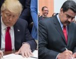 President Donald Trump signs an executive order, left, while Venezuela's President Nicolas Maduro, right, attends a signing ceremony. (Photos: Reuters/Miraflores Palace/Handout)