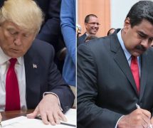 President Donald Trump signs an executive order, left, while Venezuela's President Nicolas Maduro, right, attends a signing ceremony. (Photos: Reuters/Miraflores Palace/Handout)